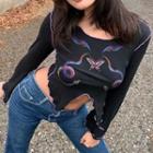 Long-sleeve Butterfly Print Asymmetrical T-shirt