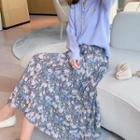 Floral Print Midi A-line Skirt Purplish Blue - One Size