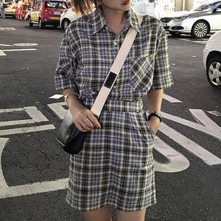 Set:plaid Short-sleeve Top+plaid Skirt