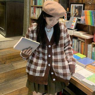V-neck Plaid Cardigan / Pleated Mini A-line Skirt