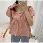 Puff-sleeve Plaid Square-neck Top