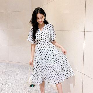Short-sleeve Heart Print Midi Chiffon Dress