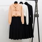 Long-sleeve Buttoned Knit Top / A-line Midi Skirt / Set