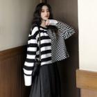 Long-sleeve Asymmetric Striped T-shirt Stripe - Black & White - One Size