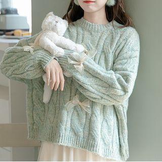 Bow-accent Cable-knit Sweater Green - One Size