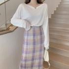 Plain Long-sleeve Top / Plaid Midi Skirt