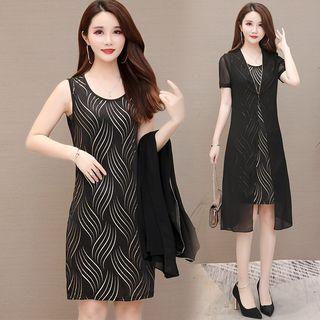 Set: Sleeveless Patterned Pencil Dress + Short-sleeve Chiffon Light Jacket