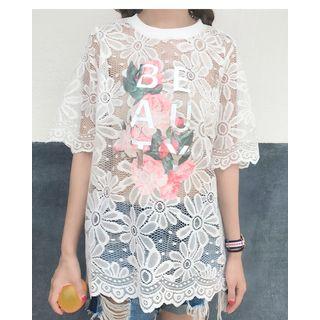 Printed Lace Elbow-sleeve T-shirt