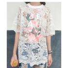 Printed Lace Elbow-sleeve T-shirt