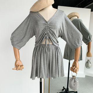Set: 3/4-sleeve Drawstring Top + Sweatshorts