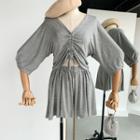 Set: 3/4-sleeve Drawstring Top + Sweatshorts