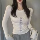 Long Sleeve Round Neck Shirred Crop Top