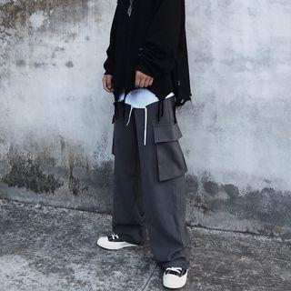 Elastic Waist Side-pocket Straight-cut Pants
