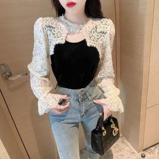 Long-sleeve Lace Panel T-shirt White & Black - One Size