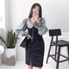 Set: Long-sleeve Frill Trim Houndstooth Blouse + Mini Bodycon Overall Dress