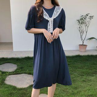Lace Plain Puff-sleeve Dress