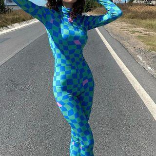 Long-sleeve Check Jumpsuit