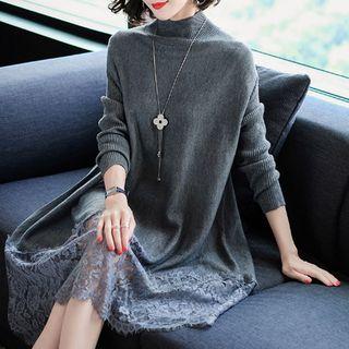 Lace Panel Mock-neck Knit Dress