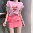 Short-sleeve Lettering Heart Print T-shirt / Denim Mini Pencil Skirt