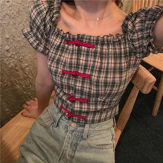 Plaid Frog Buttoned A-line Dress / Plaid Off Shoulder Top