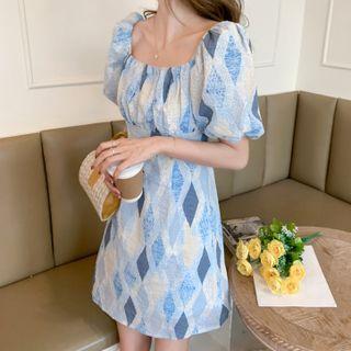 Short-sleeve Diamond Print Mini A-line Dress