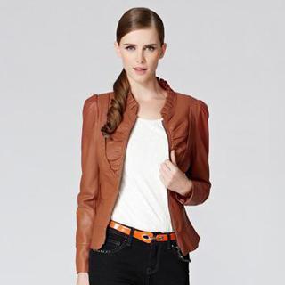 Faux-leather Shirred-front Jacket