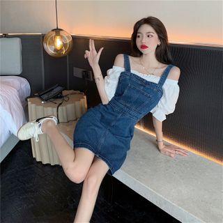 V-neck Plain Ruffle Blouse / Denim Mini Dress