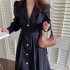 Notch Lapel Button-up Pleated Midi A-line Dress
