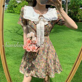 Tie-front Short-sleeve Floral Print A-line Dress