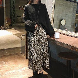 Set: Plain Sweater + Midi Leopard Print Skirt