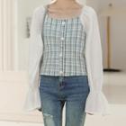 Puff-sleeve Square-neck Plaid Panel Buttoned Blouse