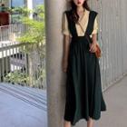 V-neck Short-sleeve Blouse / Midi Suspender Skirt