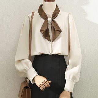 Lantern-sleeve Two-tone Chiffon Blouse