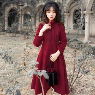 Tie-neck Ruffled Long-sleeve A-line Midi Dress