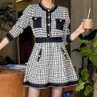 Set: Long-sleeve Checked Buttoned Knit Top + Mini A-line Skirt As Shown In Figure - One Size