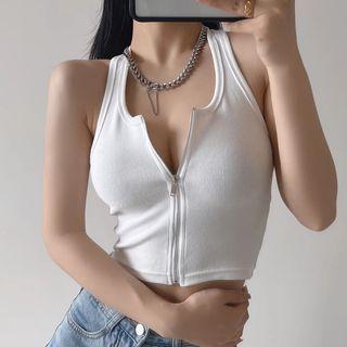 Halter Zip-up Open Back Ribbed Plain Crop Top