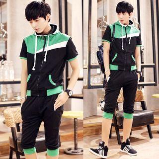 Set: Color-block Short-sleeve Hoodie + Capri Sweatpants