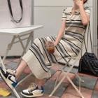 Short-sleeve Collar Striped Midi Sheath Dress Almond - One Size