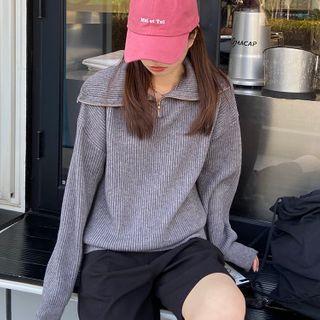 Long-sleeve Plain Collar Zip Knit Top