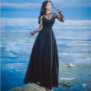 Set: Long-sleeve Lace Top + A-line Maxi Dress