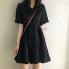 Plain V-neck Elbow-sleeve Mini Dress Black - One Size