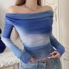 Long-sleeve Off-shoulder Tie-dye T-shirt