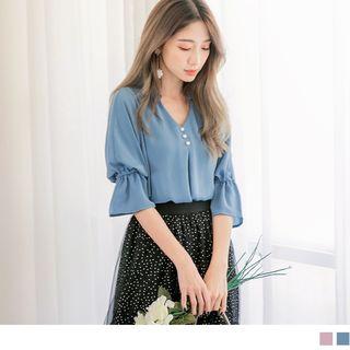 Elastic Cuff Beaded V-neck Top