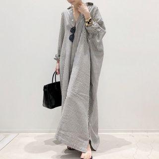 Long Sleeve V-neck Striped Maxi Shirtdress Black - One Size