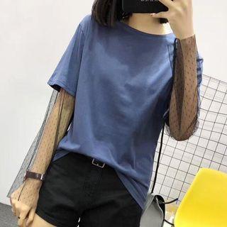 Mesh Panel Mock Two-piece Long-sleeve T-shirt