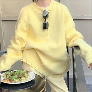 Contrast Stitching Sweater / Drawstring Slit Straight Leg Pants