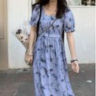 Puff-sleeve Tie-dye Print Midi A-line Dress
