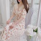 Short-sleeve Lace Trim Floral A-line Midi Chiffon Dress