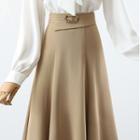 High Waist Midi A-line Skirt / Bow-neck Blouse