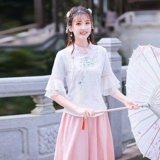 Set: Embroidered Elbow-sleeve Hanfu Top + Midi Skirt